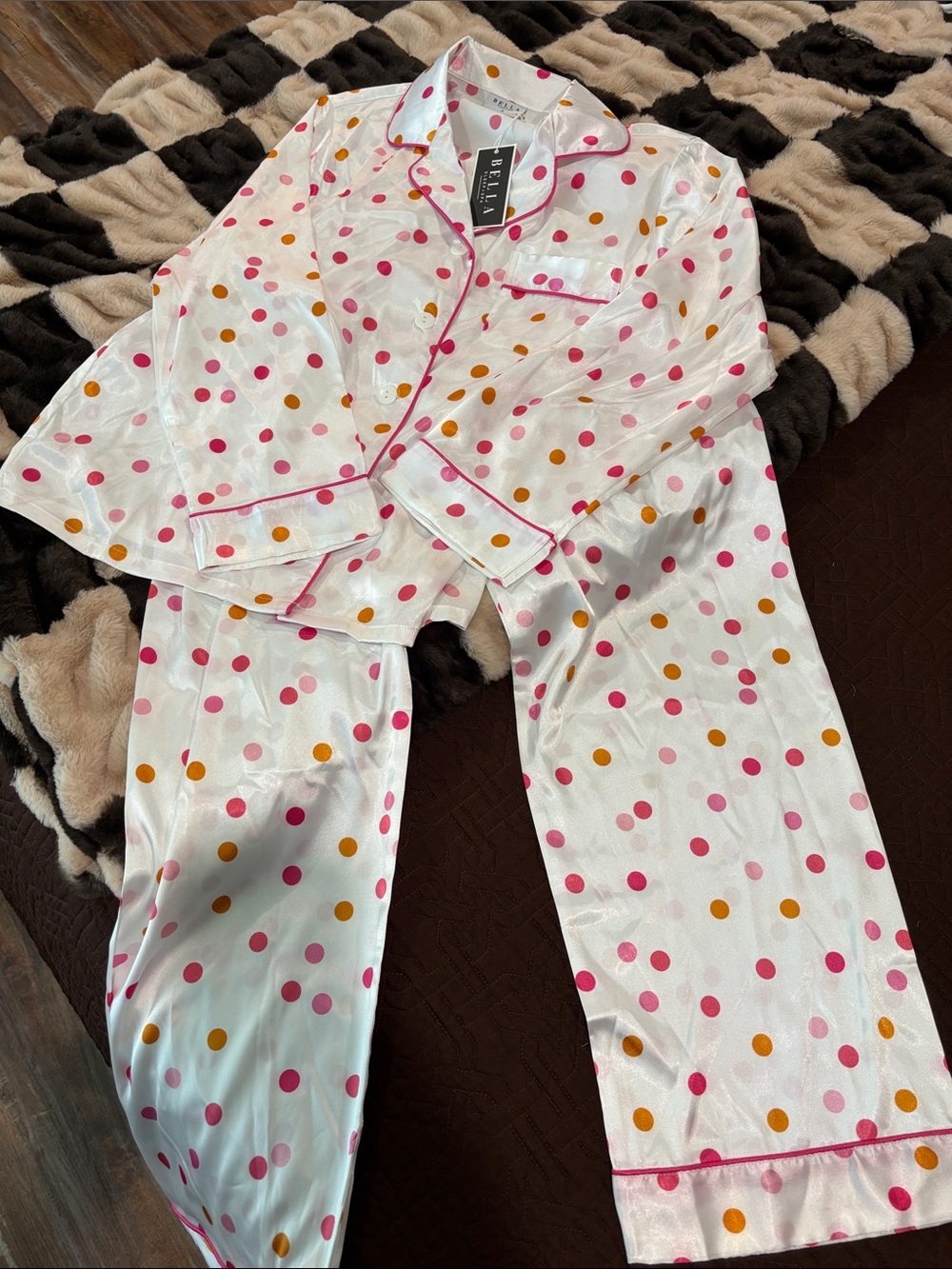 Abella White Satin Pajama Set with Pink & Orange Polka Dots